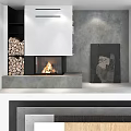 Lit Modern Fireplace With Stacked Wood Logs And Abstract Painting On Gray Walls