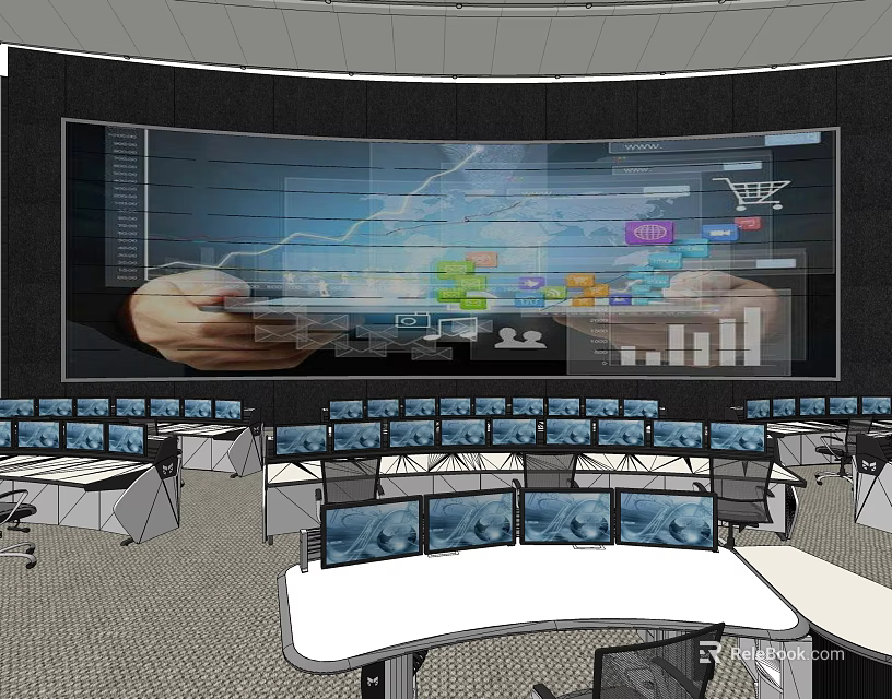 Modern Control Room With Large Curved Screen Multiple Monitors And Control Desks 3d model 
