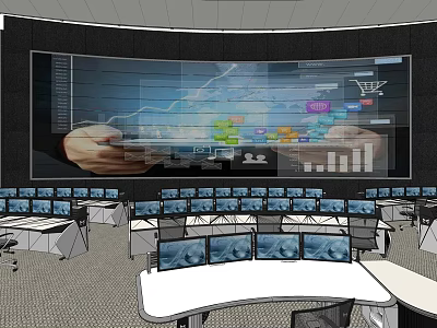 Modern Control Room With Large Curved Screen Multiple Monitors And Control Desks 3d model