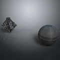 Dark Geometric Polyhedron And Sphere With Metallic Texture On Gray Background