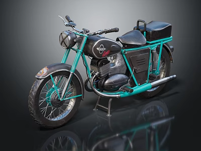 Vintage Black And Turquoise Motorcycle With Side Box Headlight And Classic Design 3d model