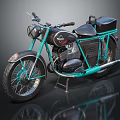 Vintage Black And Turquoise Motorcycle With Side Box Headlight And Classic Design