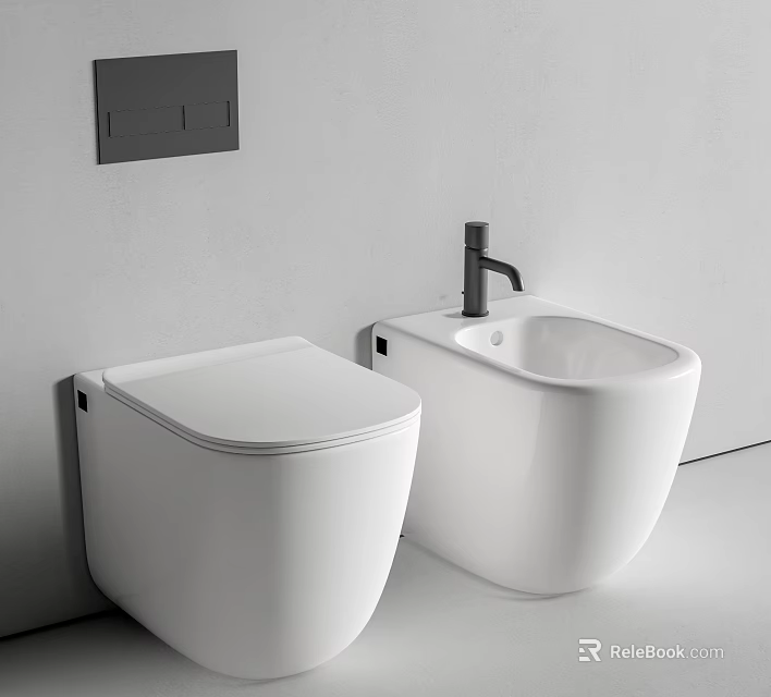 Modern Wall Mounted White Toilet and Bidet Design in Minimalist Bathroom 3d model 