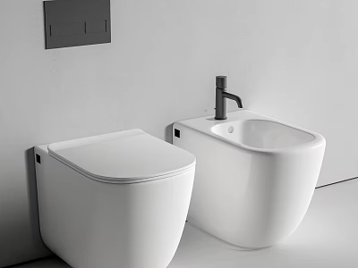 Modern Wall Mounted White Toilet and Bidet Design in Minimalist Bathroom 3d model