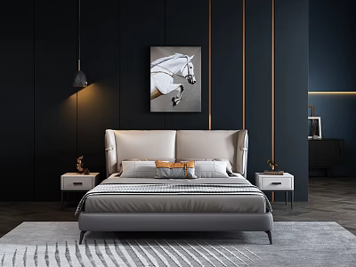 Modern Bedroom Interior With Beige Headboard Dark Walls Rug Nightstands And Horse Painting 3d model