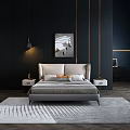 Modern Bedroom Interior With Beige Headboard Dark Walls Rug Nightstands And Horse Painting
