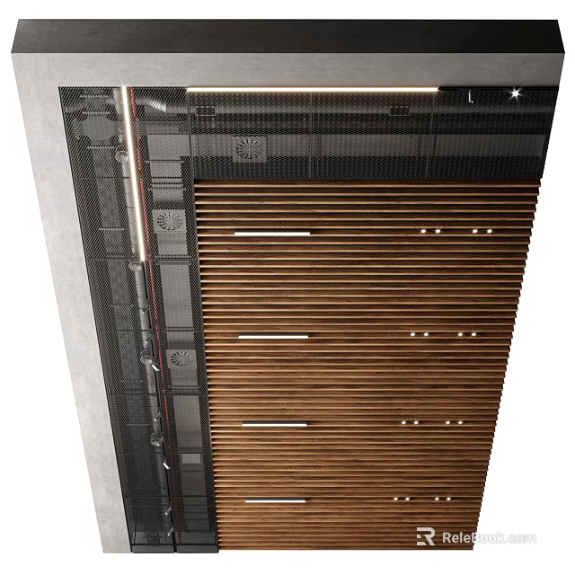Modern Wooden Slatted Ceiling Design With Linear Panels And Recessed Lights 3d model