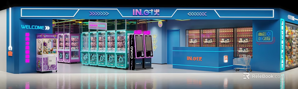 Fun Amusement Park Featuring Neon Sign Claw Machines Counter And Blue Pink Decor 3d model 