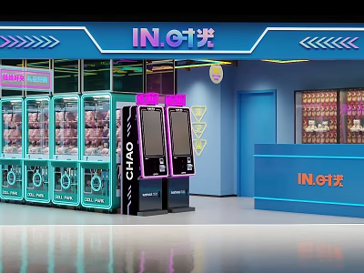 Fun Amusement Park Featuring Neon Sign Claw Machines Counter And Blue Pink Decor 3d model