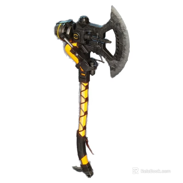 Mechanical Battle Axe With Glowing Yellow Accents And Black Metal Design 3d model 