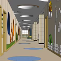 Vibrant Kindergarten Interior Featuring Blue Column Green Circular Sofa Yellow Cushions Sun Decorations And Sunflowers