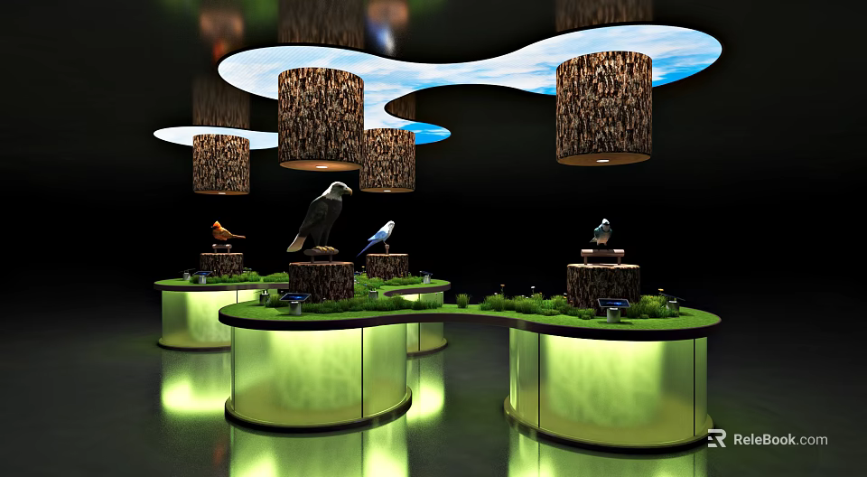 Illuminated Circular Display Shelves With Bird Models And Green Grass Decor 3d model 