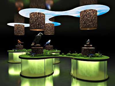 Illuminated Circular Display Shelves With Bird Models And Green Grass Decor 3d model