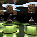 Illuminated Circular Display Shelves With Bird Models And Green Grass Decor