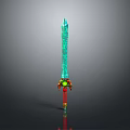 Turquoise Sword With Intricate Patterns And Red Hilt Featuring Yellow Green Decorations