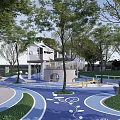 Fun Outdoor Children's Playground With Blue Ground White Patterns Green Trees And Play Structures