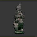 Ancient Chinese Kneeling Terracotta Sculpture With Green Hue And Intricate Armor Details