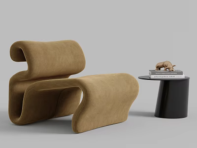 Modern Curved Brown Leisure Chair With Black Side Table And Decorative Books 3d model