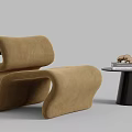 Modern Curved Brown Leisure Chair With Black Side Table And Decorative Books