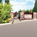 Cemetery Scene With Visitors Taking Photos Walking Path Tombstones Red Flowers And Green Trees
