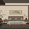 Minimalist Wooden Bedroom Interior With Natural Plants Decorative Painting Cozy Rug And Warm Lighting