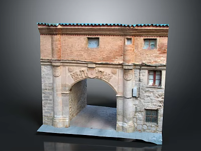 Historic Arch Structure With Stone Brick Walls Tile Roof And Carved Windows 3d model