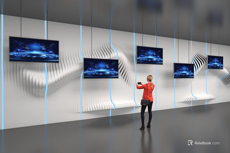Modern Tech Exhibition Hall With Multiple Screens Red Top Person Using Smartphone Wavy White Decor 3d model 