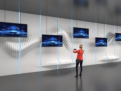 Modern Tech Exhibition Hall With Multiple Screens Red Top Person Using Smartphone Wavy White Decor 3d model