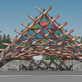 Wooden Glass Pergola With Triangular Roof Design Red Decorative Balls Palm Trees And Stone Wall
