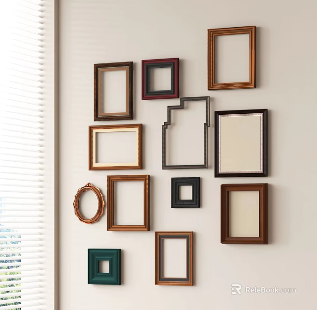 Various Colored Wooden Photo Frames Arranged On Wall With Different Shapes 3d model 