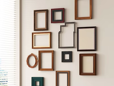 Various Colored Wooden Photo Frames Arranged On Wall With Different Shapes 3d model