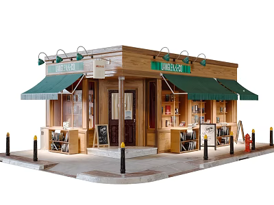 Wooden Storefront Featuring Green Awnings AMERICA Sign Chalkboard Menu And Bookshelves 3d model
