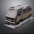 Snow Covered Old Van With Snow Accumulation On Black Background