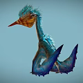 Feathered Flying Pterosaur With Blue Feathers Orange Beak And Blue Wings In Flight