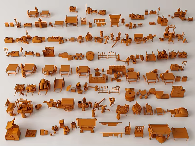 Orange Garden Decor Items Collection Featuring Tools Shelves Flower Pots And Carts 3d model