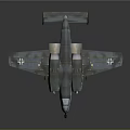 Blue Twin Engine Airplane with White Cross on Wings Metallic Finish Reflective Surface Dark Background