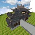 Traditional Chinese Paifang with Curved Eaves and Stone Path in Green Grassland