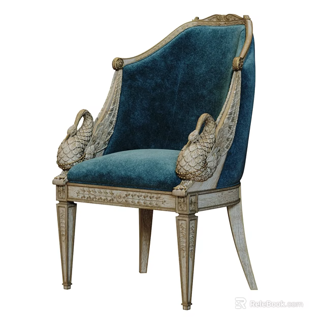 Blue Velvet Accent Chair With Swan Carved Armrests And Light Wood Carved Legs 3d model 