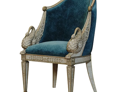 Blue Velvet Accent Chair With Swan Carved Armrests And Light Wood Carved Legs 3d model