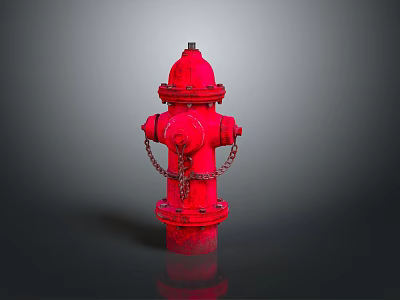 Red Fire Hydrant With Metal Chains And Classic Design On Reflective Surface 3d model
