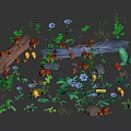 Lush Green Garden Plants With Colorful Flowers Mushrooms Snails Wooden Logs And Stones
