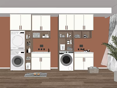 Bathroom Cabinet Rack with White Cabinets Wall Mounted Washing Machines Orange Walls and Wooden Flooring 3d model