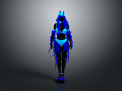 Glowing Blue Humanoid Figure In Fringe Decorated Costume With Headdress Top Shorts And Shoes 3d model