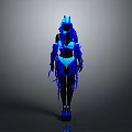 Glowing Blue Humanoid Figure In Fringe Decorated Costume With Headdress Top Shorts And Shoes