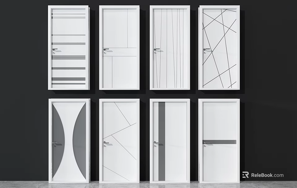 White Flush Doors with Various Geometric Patterns and Modern Interior Styles 3d model