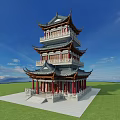 Ancient Chinese Architecture Multi Story Tower With Upturned Eaves Red Pillars Green Grass Blue Sky
