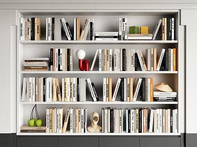 Organized White Bookshelf With Book Collection Decorative Items Green Apples And Red Vase 3d model