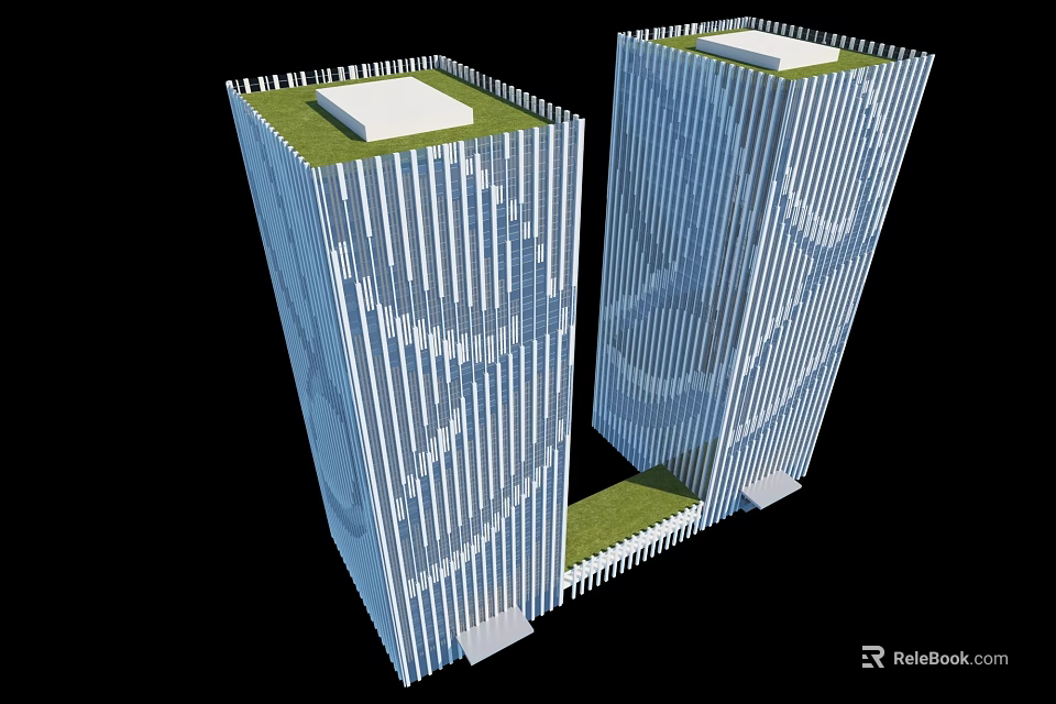 Modern Twin Office Buildings With Green Rooftop Vertical Lines Facade And Central Pathway 3d model 
