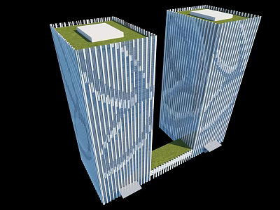 Modern Twin Office Buildings With Green Rooftop Vertical Lines Facade And Central Pathway 3d model