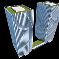 Modern Twin Office Buildings With Green Rooftop Vertical Lines Facade And Central Pathway